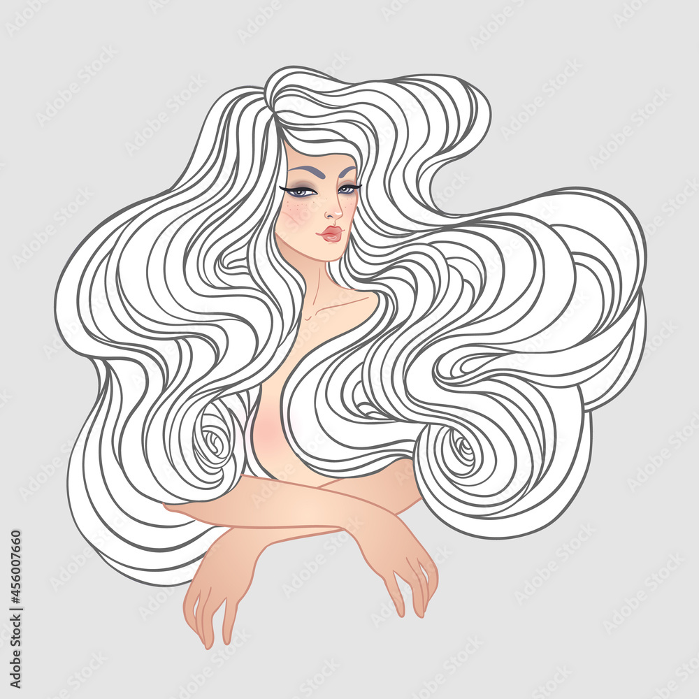 Tribal Fusion Boho Diva. Beautiful divine girl with long curly hair. Bohemian goddess. Hand drawn elegant illustration isolated. Tribal Fusion Boho Diva. Beautiful divine girl with long curly hair. Bohemian goddess. Hand drawn elegant illustration isolated.