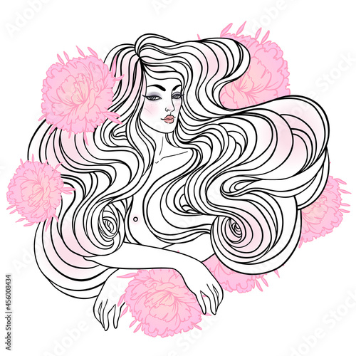 Tribal Fusion Boho Diva. Beautiful divine girl with peony flowers. Bohemian g...