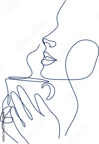 Woman with coffee line art. Absctract girl with cup minimal logo. Cafe logo