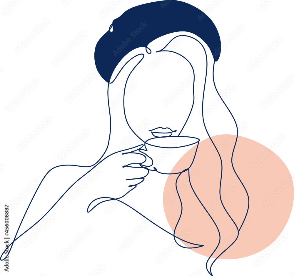 Woman with coffee line art. Absctract girl with cup minimal logo. Cafe logo Woman with coffee line art. Absctract girl with cup minimal logo. Cafe logo