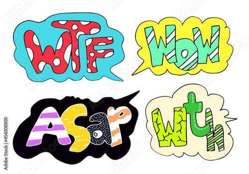 Set of Comic Text, Vector Comic Speach, Pop Art style.WTF, WTH, WOW and ASAP funny text bubbles