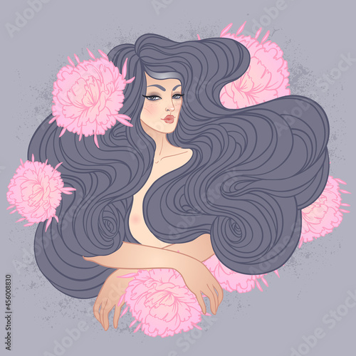 Tribal Fusion Boho Diva. Beautiful divine girl with peony flowers. Bohemian g...