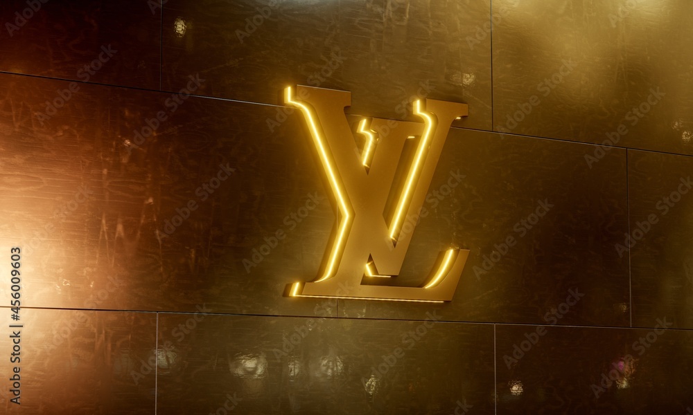 Three-dimensional signature LV monogram of French luxury fashion house Louis  Vuitton against dark wall with golden illumination and highlights.  Editorial 3D illustration Stock Illustration