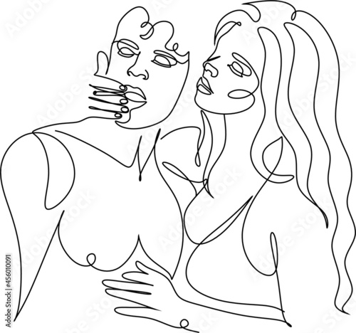 Woman lights a guy's cigarette. Woman with men line art vector. Couple smoking illustration