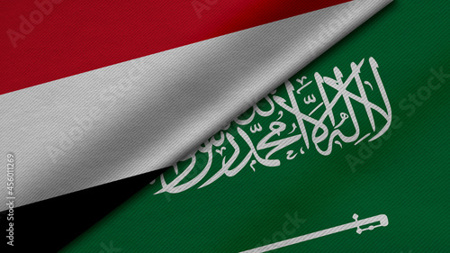 3D Rendering of two flags of Yemen and Saudi Arabia together with fabric texture, bilateral relations, peace and conflict between countries, great for background photo