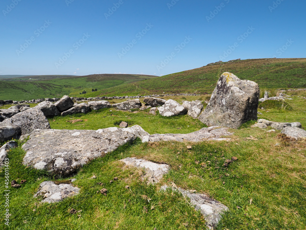 Prehistoric settlement of Grimspound circle sitting under Hookney Tor and Hameldown, Dartmoor National Park, Devon, UK