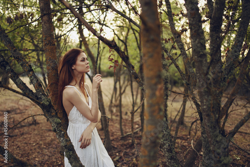 Woman in white dress trees summer walk fresh air