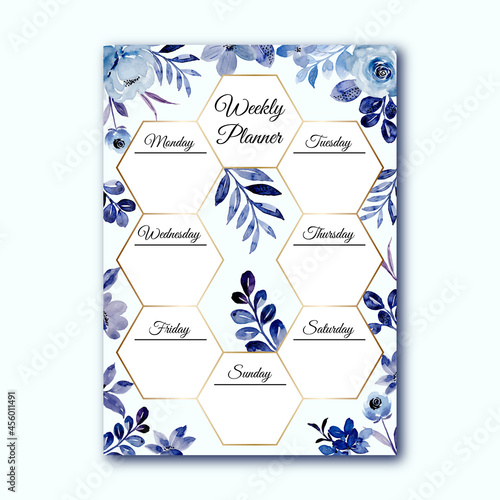 Weekly planner with blue floral watercolor