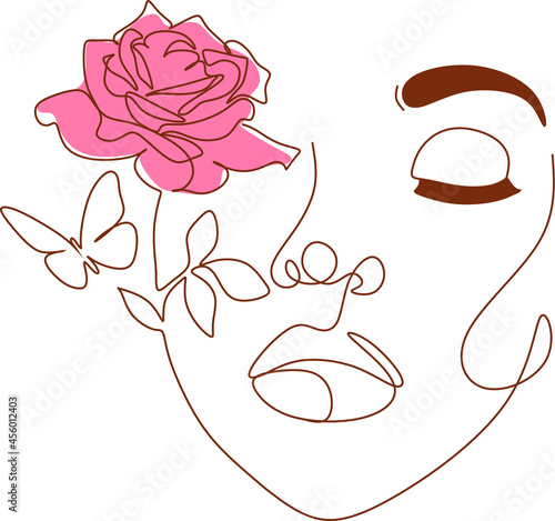 Flower face woman line drawing. Modern continuous line art. Women line art. Beauty salon logo. Coloring book. Botanical print. Nature symbol of cosmetics. Fashion logo.