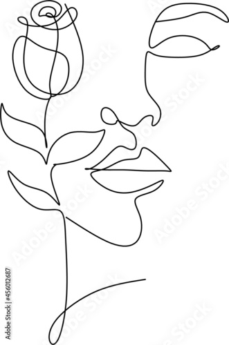 Minimal Line Art Woman with Flowers Poster. One line drawing flower face Art. Flower Face Woman Vector