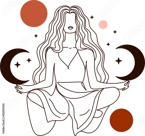 Magic woman boho vector illustrations of graceful feminine women and esoteric symbols set. Mysterious and witchcraft line art design elements. Bohemian silhouettes for greeting card, logo or poster.