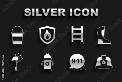 Set Fire hydrant, boots, Firefighter helmet, Emergency call 911, axe, escape, bucket and protection shield icon. Vector