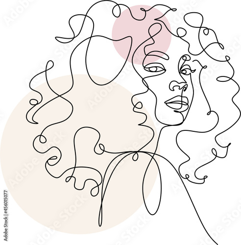 Afro american woman in a modern abstract minimalist one line style. Continuous black line simple drawing. Curly hair woman. Isolated on white. 