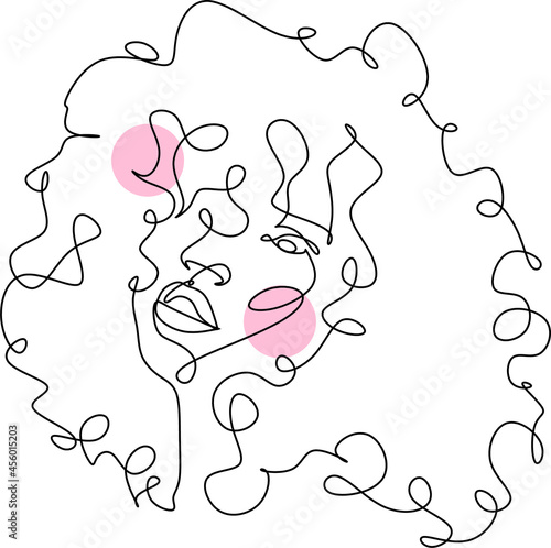 Afro american woman in a modern abstract minimalist one line style. Continuous black line simple drawing. Curly hair woman. Isolated on white. 