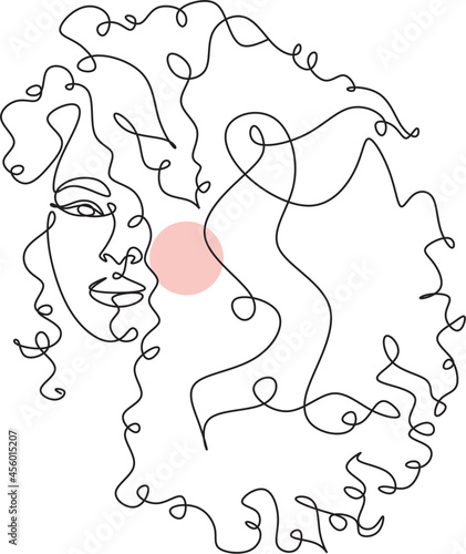 Afro american woman in a modern abstract minimalist one line style. Continuous black line simple drawing. Curly hair woman. Isolated on white. 