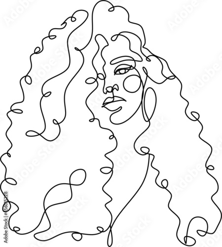 Afro american woman in a modern abstract minimalist one line style. Continuous black line simple drawing. Curly hair woman. Isolated on white. 