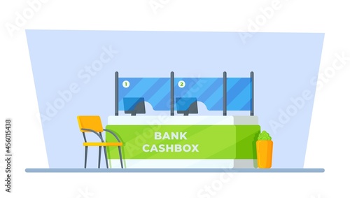 Vector illustration of a bank cashbox. Desk for customer advice on lending or finance. Reception area with counter and computer. Flat bank office vector workstation. 