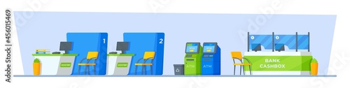 Vector illustration of a bank premises. Interior of a bank with an ATM, electronic queue board, visitor seats and trash garbage cans, front desk and customer service, cash register, isolated from each