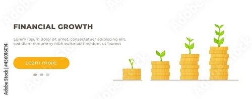 Vector illustration of financial growth. Four stacks of coins with upward growth.  Growth stacks. Financial growth.