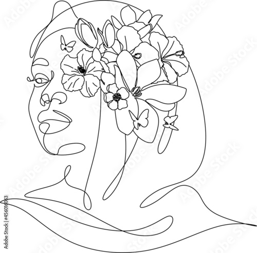 woman in hijab drawing line art. Flower face minimalist female vector. Flower head woman in hijab 