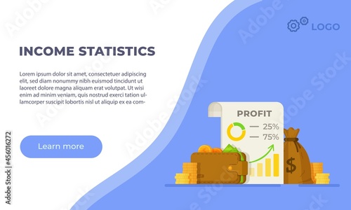 Vector illustration of income statistics on white and blue background. Business profit growth margin income. cost selling icon. Dollar symbol flat style. Income salary rate increase. 