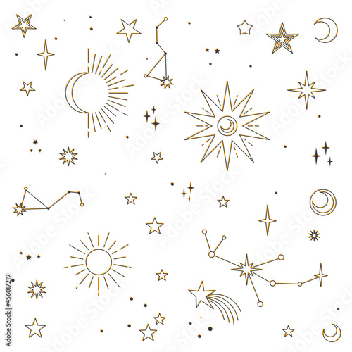 Astral elements vector design. Cosmic, celestial background. Stars, planets, sun, cosmos linear icons.