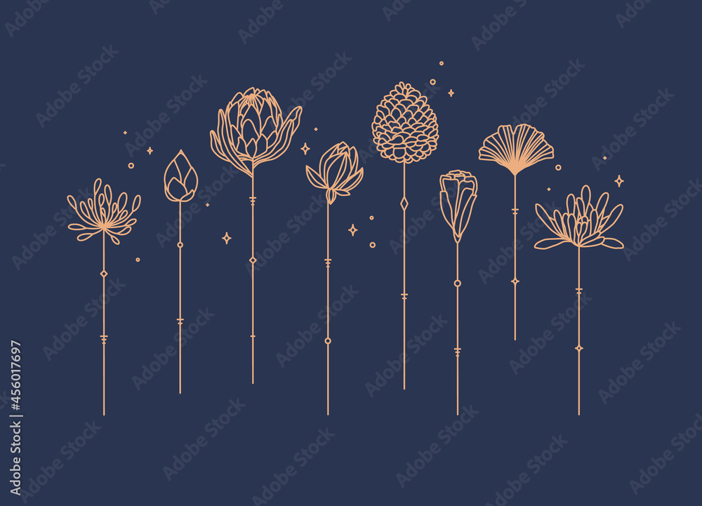 Flowers long stem drawing in art deco style on blue background