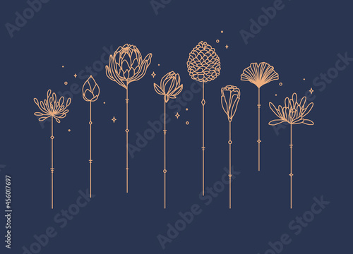 Obraz na płótnie Flowers long stem drawing in art deco style on blue background w salonie