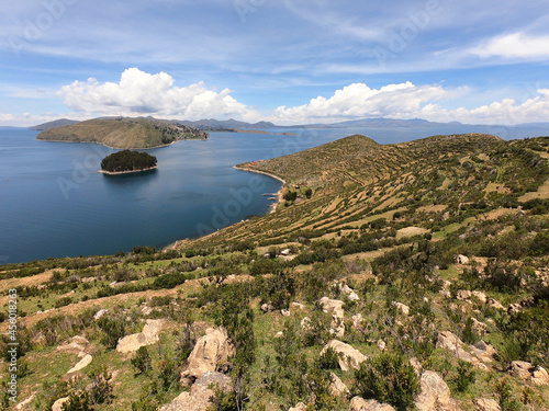 Panoramic view of the Chelleca Island from the Sun Island on Lake Titicaca photo