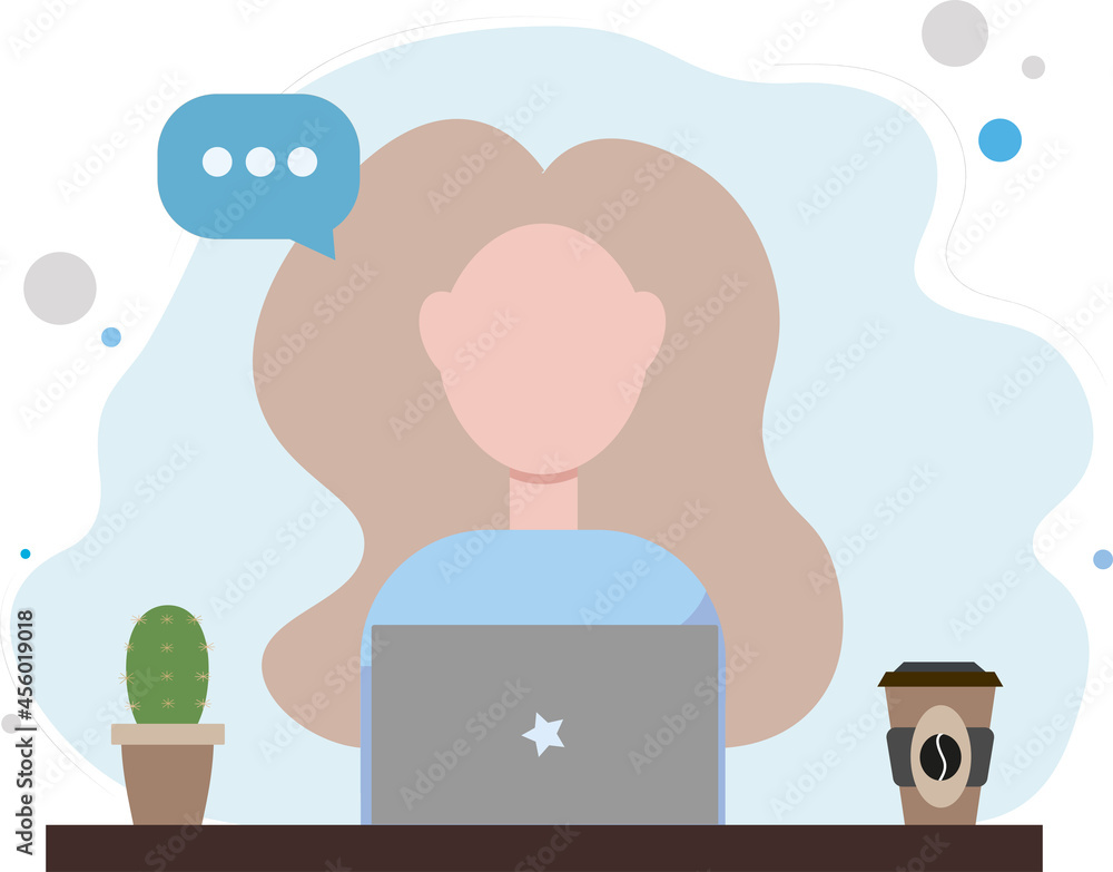 A young blonde woman in a blue sweater is working or studying at her laptop, with coffee and a cactus next to her. Flat Style A young blonde woman in a blue sweater is working or studying at her laptop, with coffee and a cactus next to her. Flat Style