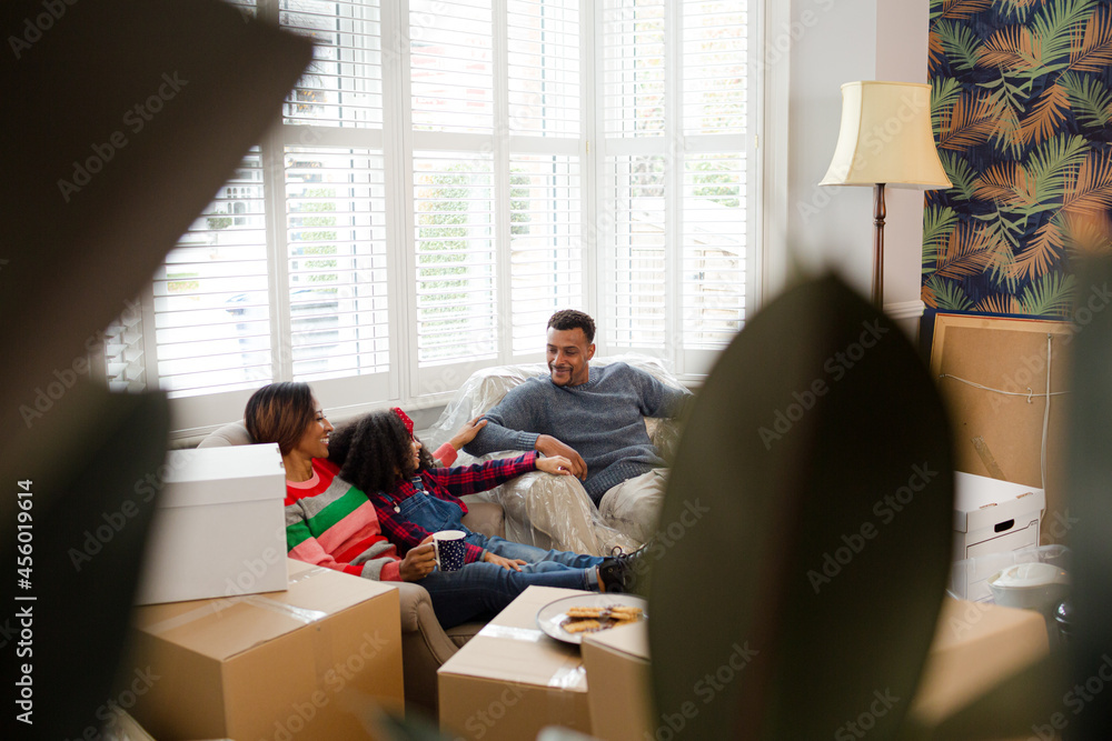 Family taking a break from moving, relaxing in living room