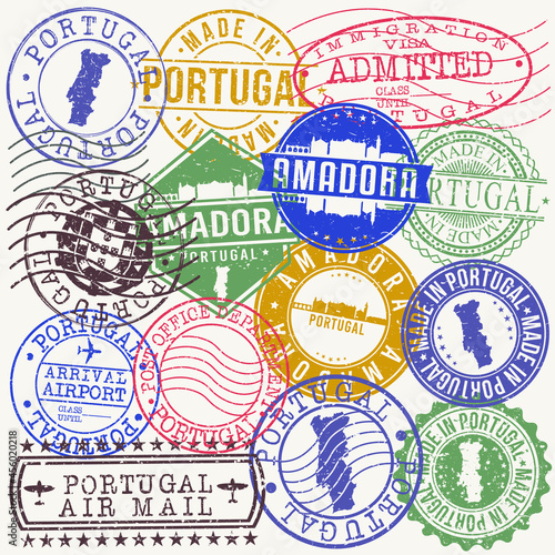 Amadora, Portugal Set of Stamps. Travel Stamp. Made In Product. Design Seals Old Style Insignia.
