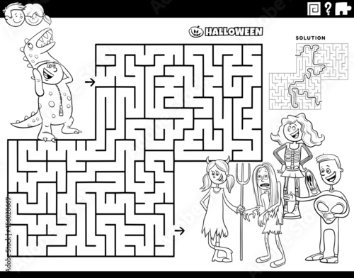 maze with cartoon kids at Halloween party coloring book page