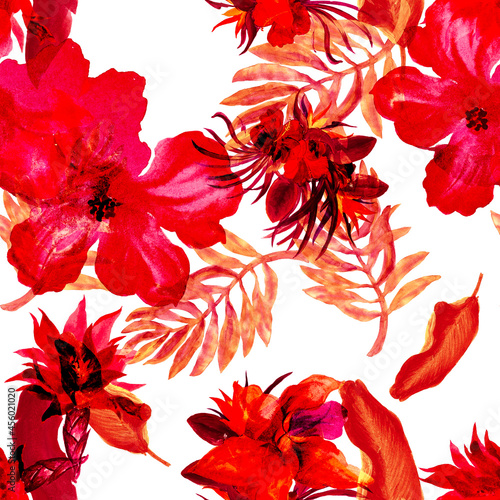 Red Watercolor Design. Scarlet Flower Textile. Coral Seamless Set. Pink Pattern Set. Tropical Set.Isolated Wallpaper.Fashion Backdrop. Art Foliage.