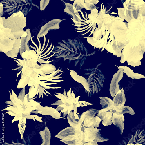 Coral Watercolor Palm. White Flower Textile. Indigo Seamless Foliage. Gray Pattern Set. Navy Tropical Wallpaper. Azure Isolated Jungle. Fashion Wallpaper.
