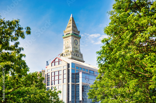 Panoramic view of the Quincy Market area with the Customs House tower clock, Boston, Massachusetts, USA