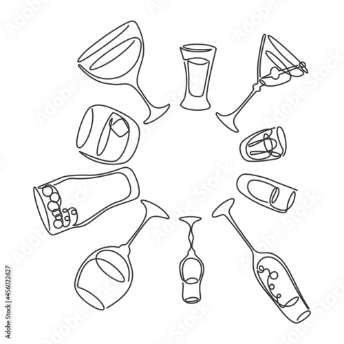 One line drawing martini rum red wine liquor champagne tequila beer whiskey vermouth vodka glass on white background. Objects are arranged around the circle. Hand drawn continuous line way