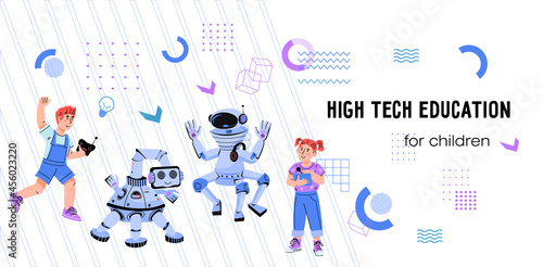 High Tech and Robotics education for children. Website banner with school children  programming robots, flat vector illustration. Robotics and  programming courses for kids.