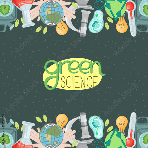Vector illustration on a scientific theme - lettering about ecology and two seamless borders with a globe, a microscope and a bacterium. Banner in cartoon flat style about environmental protection.