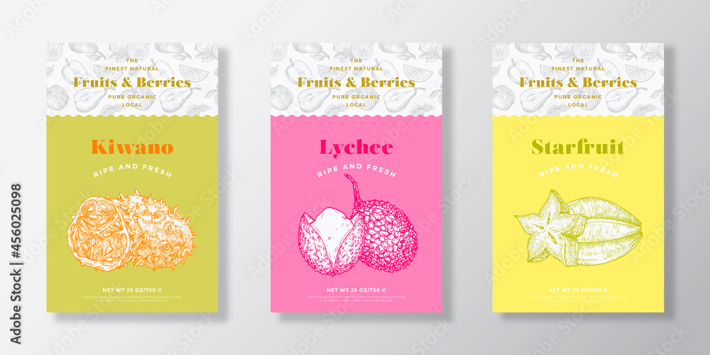 Fruits and Berries Pattern Label Templates Set. Vector Packaging Design Layout Collection. Modern Typography Banner with Hand Drawn Kiwano, Lychee and Starfruit Sketches Background. Isolated