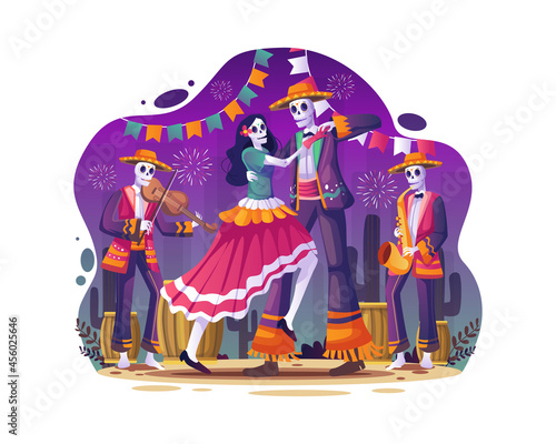 Couple of skulls dancing together to music in celebration of Dia De Los Muertos. Day Of Dead Traditional Mexican Halloween Holiday Party. Flat vector illustration photo