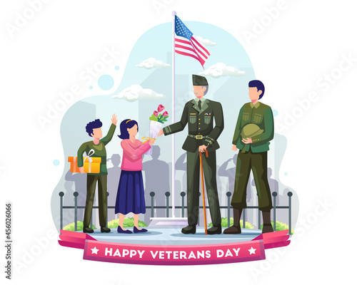 Children give gifts and flowers to Army veterans in military uniforms as a sign of salute and respect on Veterans Day. Flat vector illustration