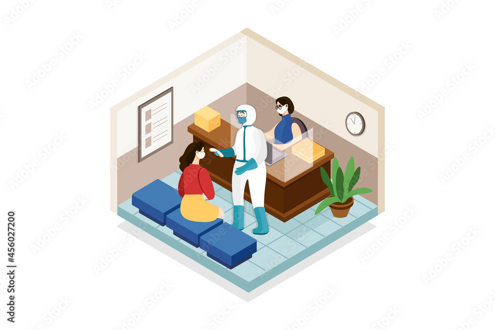 Doctor checking the patient temperature at the bank Doctor checking the patient temperature at the bank