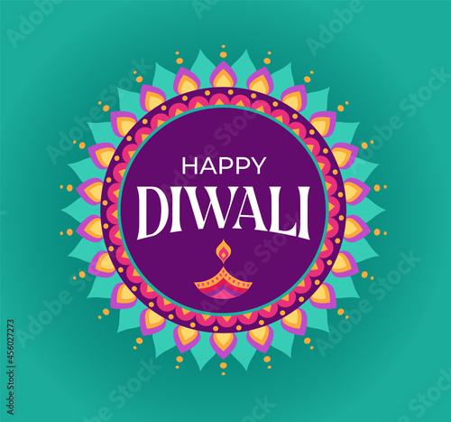 Happy Diwali Hindu festival banner, greeting card. Burning diya illustration, background for light festival of India