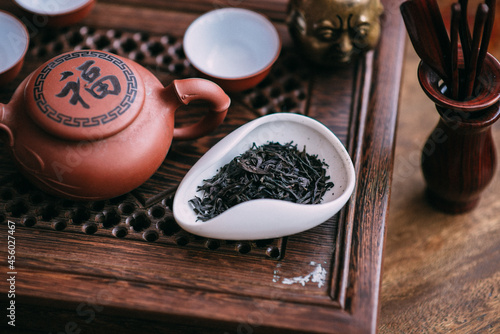 Traditional chinese oolong tea ceremony process closeup