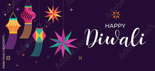 Happy Diwali Hindu festival banner, greeting card. Burning diya illustration, background for light festival of India
