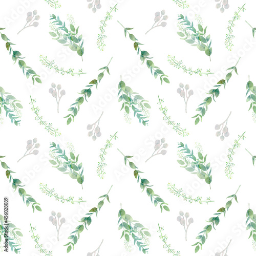 Watercolor seamless botanical pattern with eucalyptus and herbs. Hand painted background with green eucalyptus branches for prints  textile  wrapping paper and wedding decoration. 