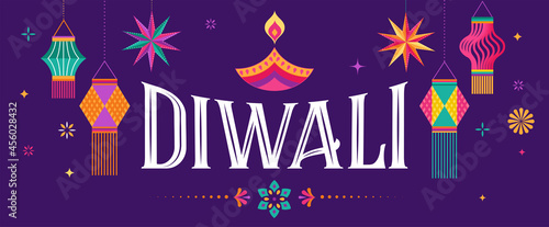 Happy Diwali Hindu festival banner, greeting card. Burning diya illustration, background for light festival of India