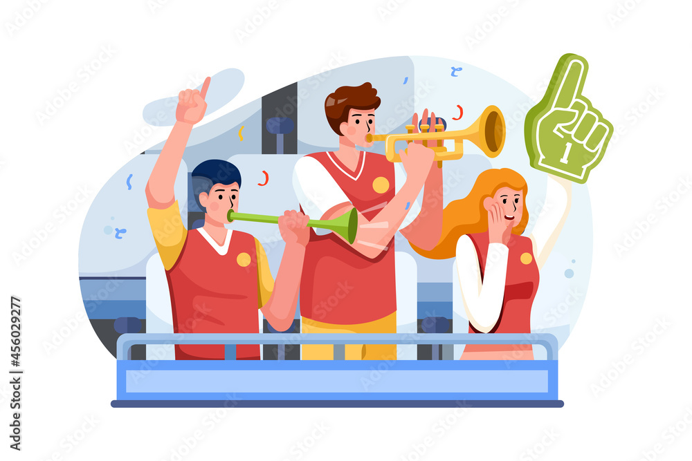 Male supporters blowing trumpets Illustration concept. Flat illustration isolated on white background. Male supporters blowing trumpets Illustration concept. Flat illustration isolated on white background.