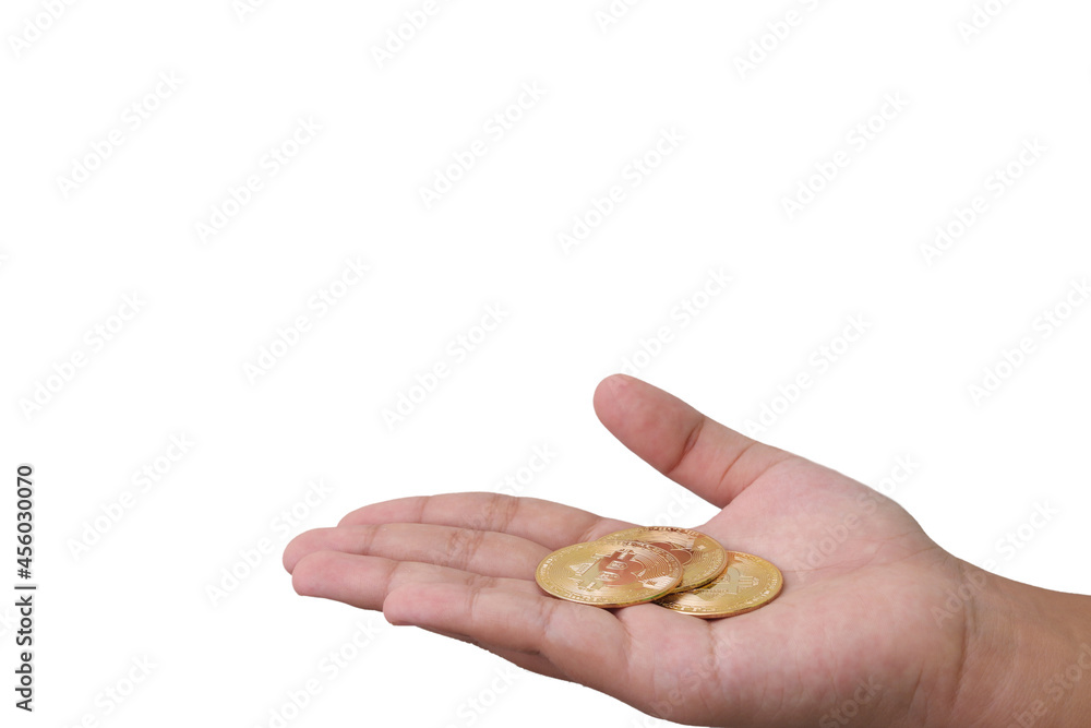 Close up of hand holding bitcoin isolated on white background. Cryptocurrency trading concept Close up of hand holding bitcoin isolated on white background. Cryptocurrency trading concept